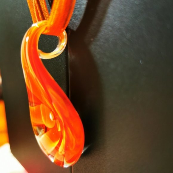 Art Glass Pendent Clear Glass with Orange Flower ~ Ribbon and Cord Nec… - Picture 10 of 16